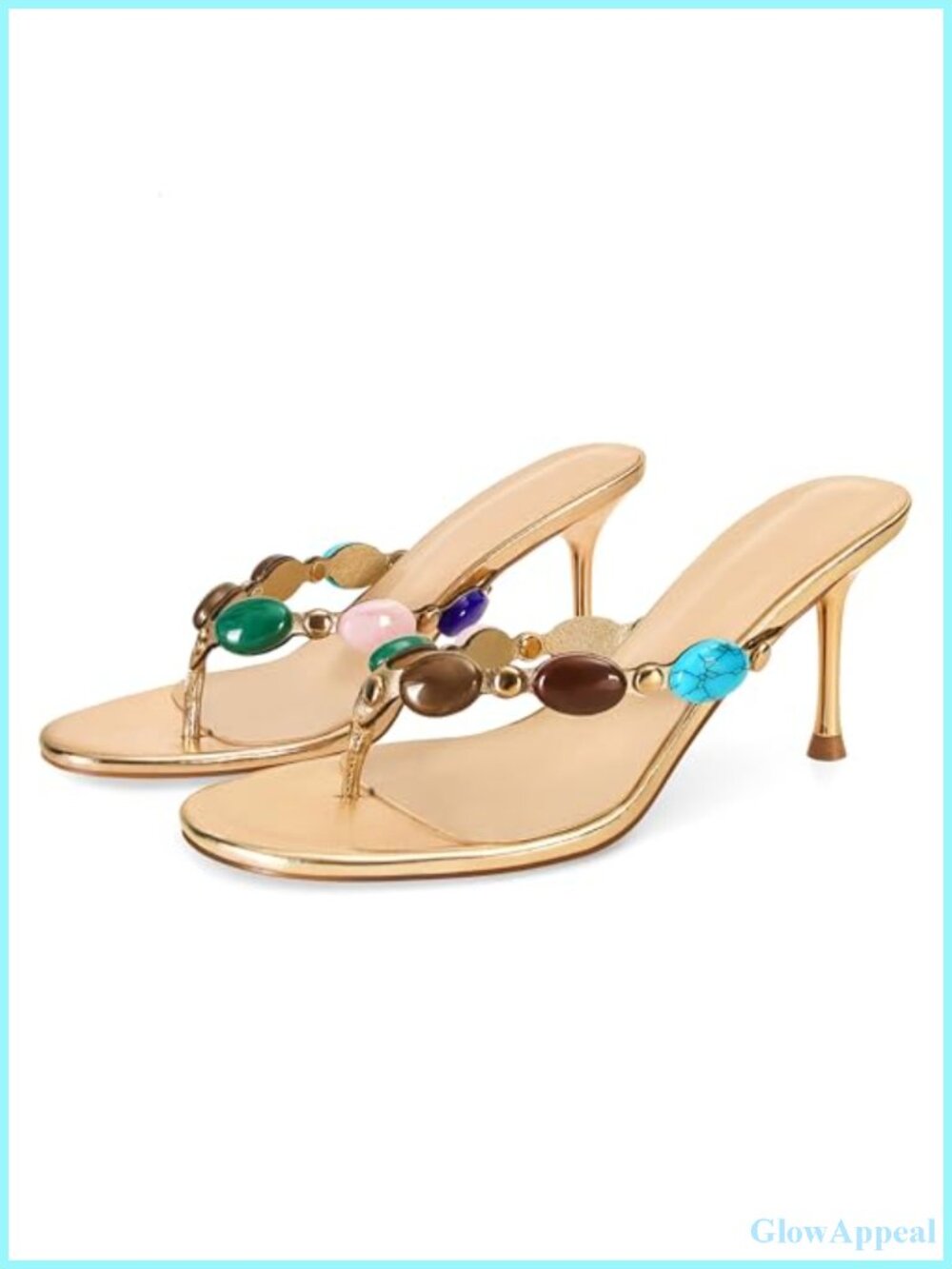 Jeweled Thong Heeled Sandals PU Leather Stiletto Round Toe Slip-On